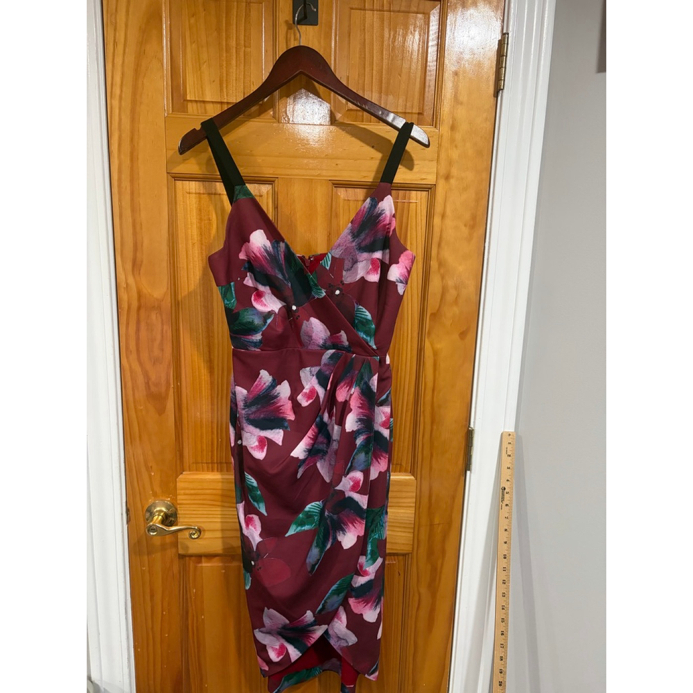 Fame and Partners Floral Midi Dress Red Pink Green Black Straps Size 4